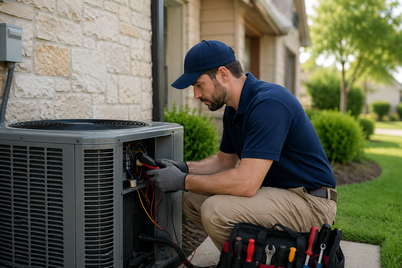 Expert technician repairing air conditioner in Leander TX home