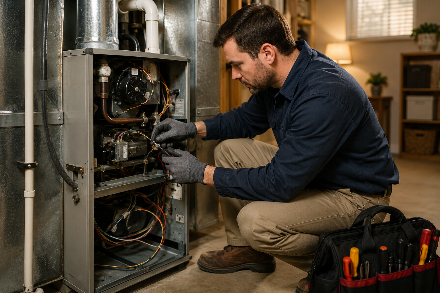 Expert technician repairing furnace heating system in Leander TX home
