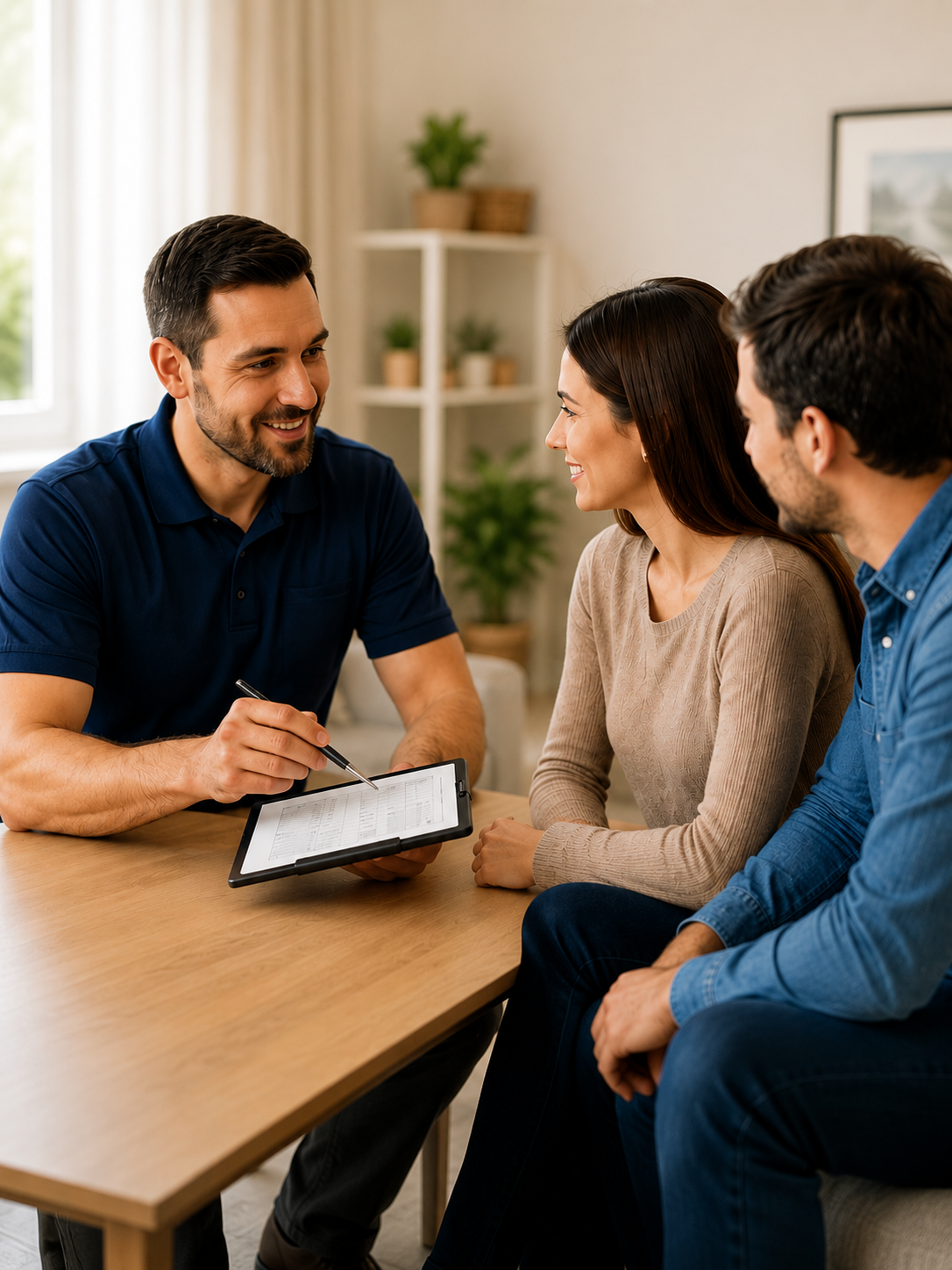 Leander HVAC technician consulting with happy homeowners